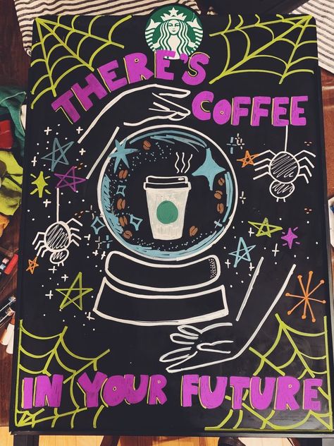 Loaded Tea Chalkboard Ideas, Fall Coffee Sign Ideas, Starbucks Fall Board, Starbucks A Frame Sign, Starbucks Boards Ideas, Fall Chalkboard Art Starbucks, Barista Board Ideas, Fall Restaurant Chalkboard, Halloween Starbucks Chalkboard