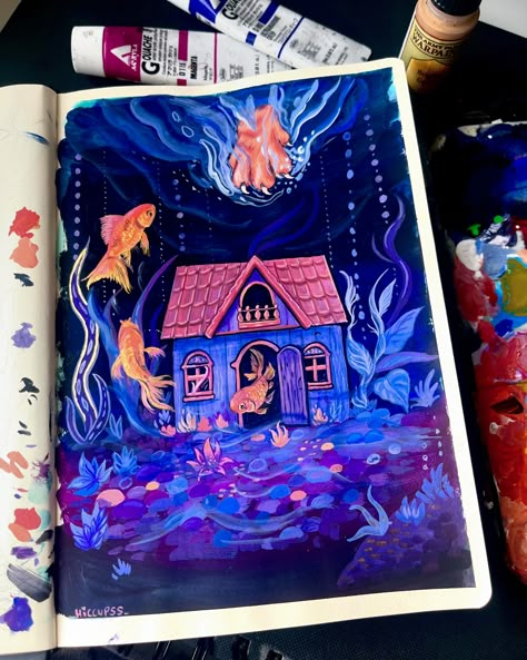 Prompt: Underwater Temple 🫧 The quick sketch became a three day thing 😪 Working with colours from 2018(ish?) to break up the greens I’m not even a fan of how this turned out, but I needed to get the idea out of my head 🙂‍↔️ #gouache #gouachepainting #gouacheart #acrylagouache #jacksonsartsupplies #promptart #illustationart #illustration #traditionalart #sketchbookart #sketchbookdrawing #fantasyart #artoftheday #paintingoftheday #doodleart #storyart #sketchbooktour Acrylic Gouache Illustration, Guache Illustration, Underwater Temple, Gouache On Canvas, Art Gouache, Whimsical Art Journal, Book Crafts Diy, Teal Art, Gouache Illustrations