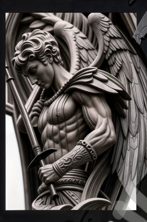 Arc Angel Michael Tattoo, Greek Angel Tattoo, Michael Archangel Tattoo, Saint Michael Tattoo, Arms Tattoos, Angel Sculpture Art, Archangel Michael Tattoo, St Michael Tattoo, Soldier Tattoo