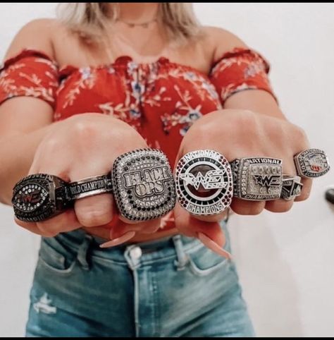 Cheer Ring Display, All Star Cheer Photoshoot, Worlds Rings Cheer, Cheer Comp Pins, Cheer Rings, Woodlands Elite, All Star Cheer Uniforms, Ring Pic, Cheer Tips