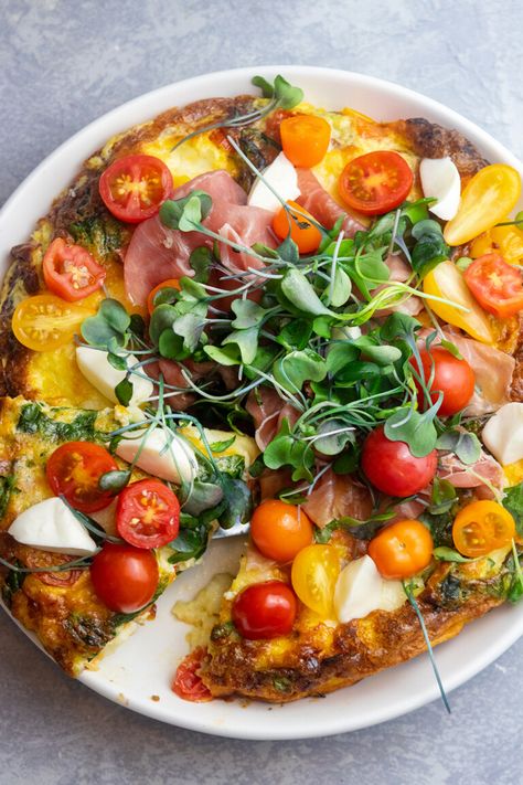 Caprese Frittata | Giadzy Caprese Frittata Giada, Caprese Frittata Recipes, Italian Brunch Ideas, Caprese Frittata, Spring Brunch Ideas, Caprese Quiche, Italian Brunch, Fritata Recipe, Frittata Recipes Breakfast