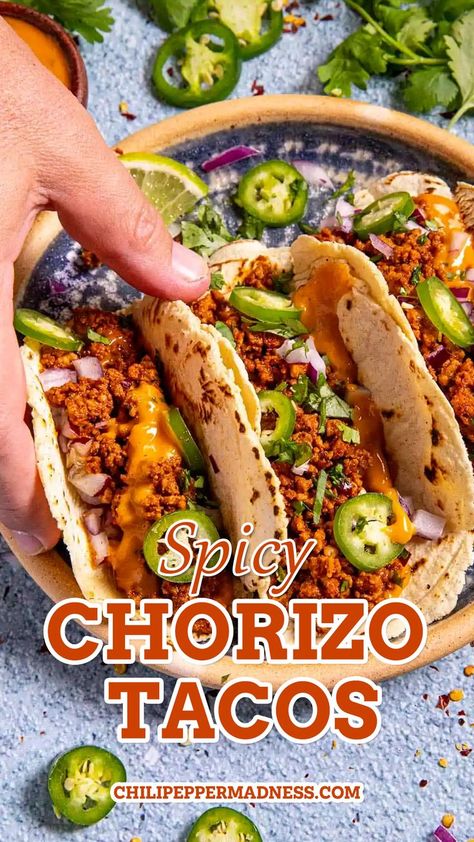 Grabbing one of the best spicy chorizo tacos in the right hand. Chorizo Peppers And Onions, Mexican Recipes With Chorizo, Chorizo Mexican Recipes, Chorizo Wrap Recipe, Chorizo Burrito Recipes, Chicken Chorizo Tacos, Chorizo Recipes Dinner Mexican, Chorizo Street Tacos Recipe, Crockpot Chorizo Recipes