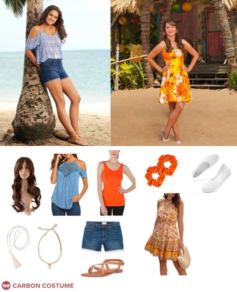 Mack (Maia Mitchell), which is short for Mckenzie, is the protagonist of Teen Beach Movie. She loves to surf and hang out on the beach with her best friend, Brady. They accidentally get transported into the movie Wet Side Story, and she falls for the male lead, Tanner. He falls for her too, changing the movie's storyline. However, she eventually ends up with Brady. Her style is very summery with elements of boho and vibrance. Teen Beach Movie Outfits, Teen Beach Movie Costumes, Surfer Outfit, Lilly Pulitzer Outfits, Costume Guide, Maia Mitchell, Surfer Girl Style, Costume Diy