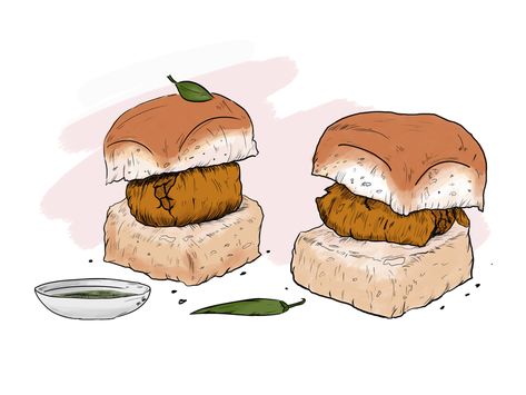 Mumbai vada pav by Deepika Baghel on Dribbble Vada Pav Drawing, Vadapav Illustration, Vada Pav Illustration, Mumbai Illustration, Travel Doodle, Food Animation, Doodle Animation, Food Collage, Travel Doodles