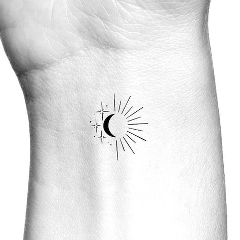 Sun Moon Stars Temporary Tattoo - Etsy UK Minimalist Moon Tattoo Women, 2 Inch By 2 Inch Tattoo Ideas, Sun Moon Tiny Tattoo, Sun Moon And Stars Tattoo Small Ankle, Girly Sun Tattoo, Full Moon And Sun Tattoo, Half Moon And Sun Tattoo, Moon And Sun Finger Tattoo, Small Star And Moon Tattoo