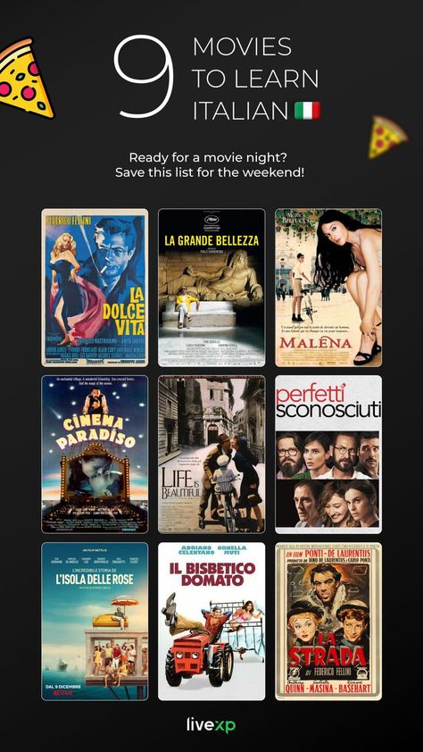 Movies to watch if you're learning Italian language. Italian cinema. Movies set in Italy. Italian Tv Shows, Italian Movies To Learn Italian, Language Learning Italian, Italian Movies, Best Movies To Watch, Italian Cinema, Italian Romance, Slice Of Pizza, The Best Movies