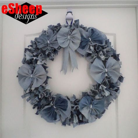 denim wreath by eSheep Designs Denim Wreaths, Wreath Frames, Group Crafts, Fleece Headbands, Blue Jeans Crafts, Rag Wreath, Hanging Christmas Tree, Sewing Tutorials Free, Denim Ideas