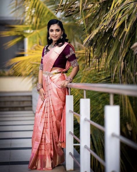 Pink Pattu Sarees Wedding, Traditional Peach Saree, Peach Pattu Saree, Light Pink Saree, Saree Contrast Blouse, Saree Bride, Dark Pink Blouse, Peach Color Saree, Saree Red