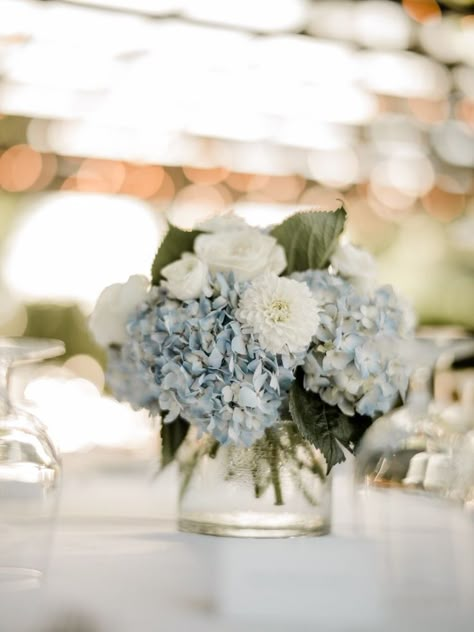 Dusty Blue Centerpieces, Blue Bridal Shower Decorations, Blue Hydrangea Wedding, Blue Centerpieces, Bridal Shower Inspo, Hydrangea Centerpiece, Blue And White Flowers, Something Blue Bridal, Blue Bridal Shower