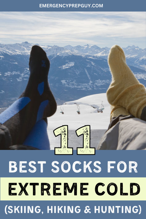 Two people relaxing with their boots off, with a snowy mountain view, showcasing the best socks for extreme cold weather. Survival Clothing, Winter Adventure, Survival Gear, Cool Socks, Hunting, Skiing, Hiking, Socks, Mens Outfits