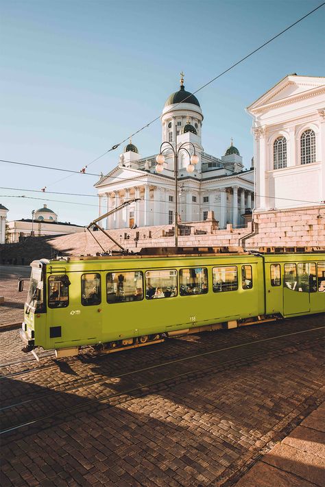 Green vintage tram in front of the Helsinki Cathedral. Helsinki Summer Aesthetic, Finland Aesthetic Summer, Helsinki Summer, Finland Country, Norway Photography, Finland Summer, Wealth Lifestyle, Visit Helsinki, Finnish Fashion