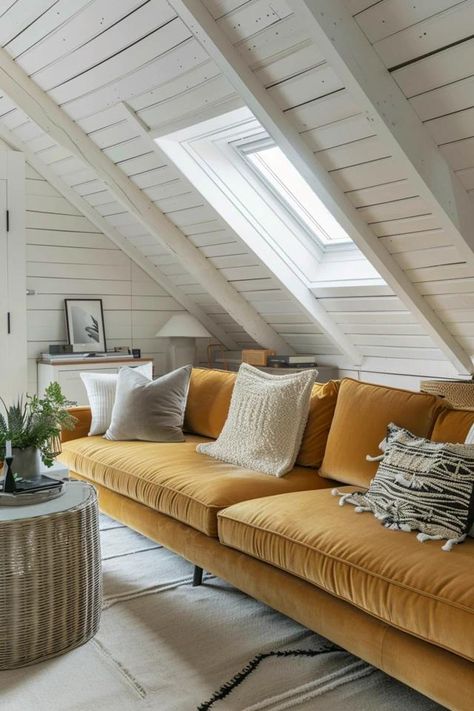 Creative Low Ceiling Attic Makeovers - Tips &amp; Ideas Attic Sitting Room Ideas, Attic Lounge Room, Attic Color Ideas, Modern Attic Living Room, Small Attic Ideas Low Ceilings Loft Conversions, Tiny Attic Ideas Low Ceilings, Attic Apartment Ideas Slanted Ceiling Kitchen, Attic Living Room Sloped Ceiling, Low Ceiling Attic Ideas