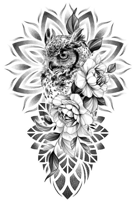 Greek Mandala Tattoo, Lioness Mandala Tattoo, Owl Flower Tattoo, Owl With Flowers Tattoo, Owl And Flower Tattoo, Owl Tattoo Stencil, Animal Mandala Tattoo, Big Cover Up Tattoos, Owl Thigh Tattoos