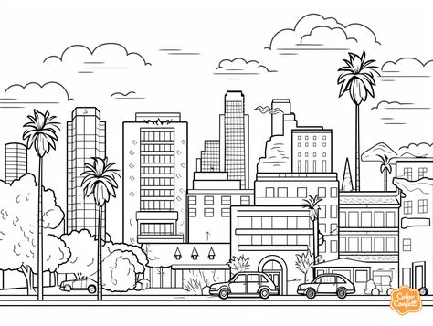 illustration of Explore the City of Angels with colors Mandala Turtle, City Drawing, Los Angeles City, City Of Angels, Cool Coloring Pages, Fantasy Fairy, Coloring Book Art, Iconic Landmarks, Free Kids