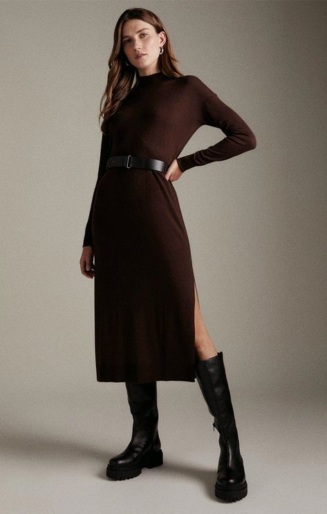 Festive Outfit Inspiration From Karen Millen | sheerluxe.com Black Dress Brown Jacket, Brown Dress Winter Outfit, Midi Dress Winter Outfit, Knit Dress Outfit, Knitted Dress Outfit, Brown Knit Dress, Brown Outfits, Empire Maxi Dress, Knitted Midi Dress