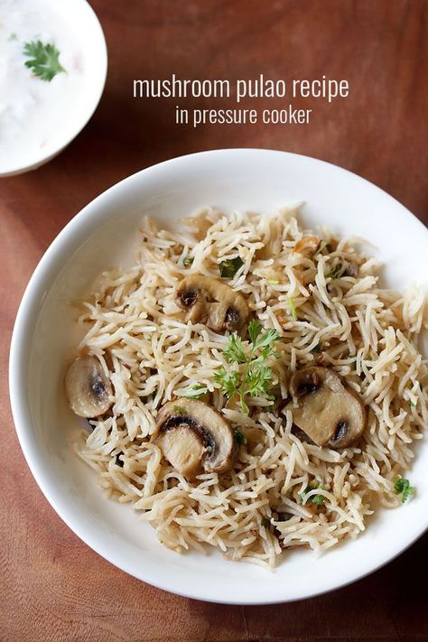 mushroom pulao recipe with step by step photos. easy & delicious recipe of mushroom pulao in pressure cooker. already shared goan mushroom pulao recipe. Mushroom Pulao, Tiffin Recipes, Rice Pulao, Indian Fast Food, Healthy Ramen, Goan Food, Veg Recipes Of India, Tiffin Recipe, Korma Recipe