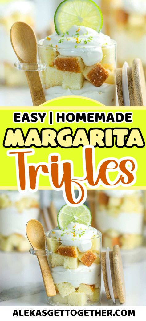 If you're a margarita lover, you will LOVE these margarita infused trifles! They are a fun and unique, mini trifle dessert that's perfect for prepping in advance and serving to guests this summer! Margarita Trifle, Margarita Dessert Recipes, Margarita Dessert, Mini Trifle Desserts, Summer Party Desserts, Mini Trifle, Margarita Cake, Entertaining Outdoors, Margarita Party