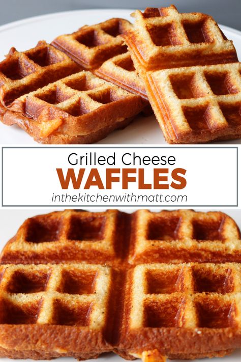 Plate with grilled cheese waffles on it. Grilled Cheese In A Waffle Maker, Waffle Grilled Cheese, Yummy Grilled Cheese, Grilled Cheese Waffles, Homemade Breakfast Recipes, Homemade Crepes, Savory Breakfast Recipes, Cheese Waffles, Making Grilled Cheese