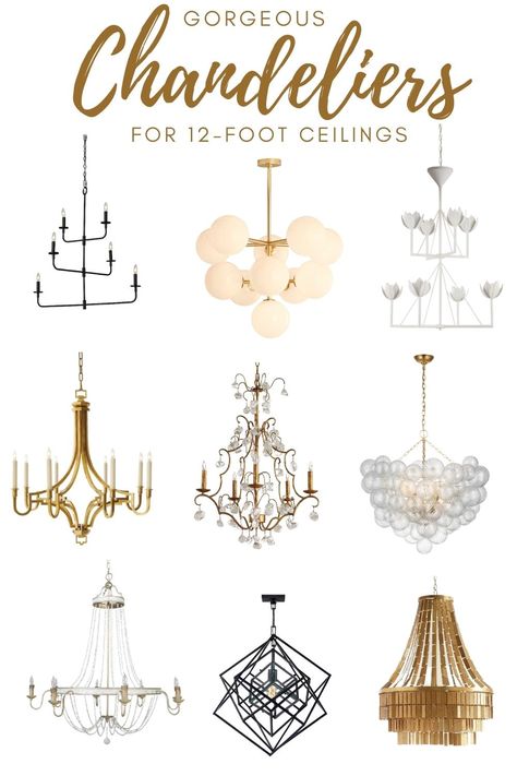 Does your home have tall ceilings? Learn the designer formula to calculate what size chandelier you need for 12 foot ceilings, vaulted ceilings, two-story rooms, foyers and other rooms with tall ceilings. This roundup includes a selection beautiful and on trend chandeliers for tall ceilings. Living Room Chandelier High Ceiling, Modern Chandelier High Ceiling, Large Chandelier High Ceilings, Entry Way Chandelier, Large Foyer Chandeliers, High Ceiling Lighting, Entryway Chandelier, Kitchen Chandelier, Farmhouse Light Fixtures