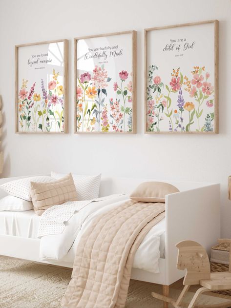 This lovely wildflower Christian wall art would be a beautiful bright floral accent to your girl's nursery. The illustrations are made in digital files from our original hand-painted Flower watercolor paintings. Boho Flower Nursery, Girl Bible, Christian Nursery Decor, Christian Nursery, Girl Nursery Wall, Mural Floral, Butterfly Wall Art, 3 Piece Wall Art