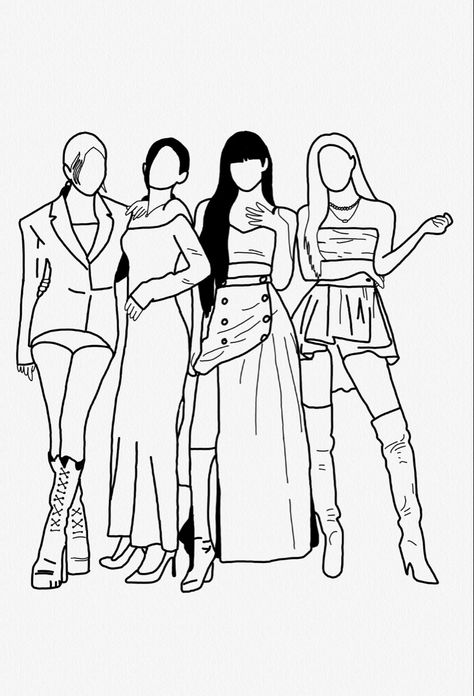 Black Pink Coloring Page, Black Pink Line Art, Blackpink Coloring Pages, Kpop Line Art Drawing, Blackpink Drawing, Pink Drawing, Fashion Coloring Book, Fashion Design Drawing, Animation Art Sketches