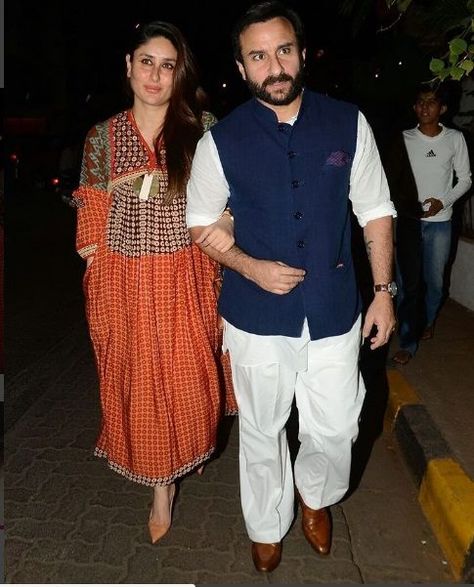 New parents Kareena Kapoor & Saif Ali Khan stepped out for a dinner date last night to Olive, Bandra. How amazing are these two! Saif Ali Khan Kurta, Cargo Jacket Mens, Cute Maternity Dresses, Green Cargo Jacket, Indian Designer Suits, Saif Ali Khan, Men's Ethnic Wear, Bollywood Couples, Wedding Dress Men