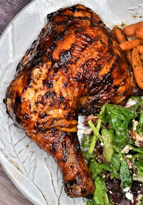 BBQ Chicken recipe on a plate with salad. Chicken Barbecue, Bbq Leg Quarters Grilled, Bbq Chicken Leg Quarters, Chicken Leg Quarters On The Grill, Meat Dishes For A Crowd, Bbq Chicken Quarters Grilled, Healthy Chicken Leg Quarter Recipes, Bbq Chicken Leg Quarters Grilled, Grilled Chicken Leg Quarters