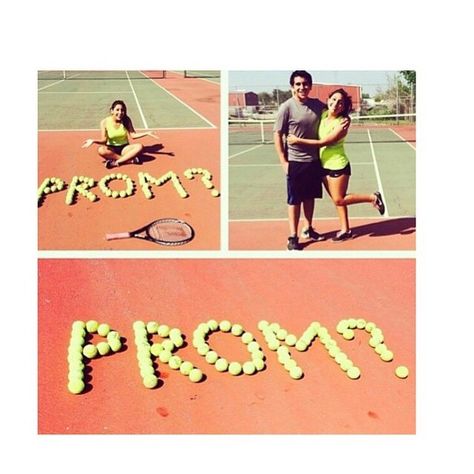 Tennis balls Prom Pictures Group, Prom Proposals, Cute Prom Proposals, Dance Proposal, Prom Pictures Couples, Prom Picture Poses, Tennis Photos, Prom Couples, Couple Moments