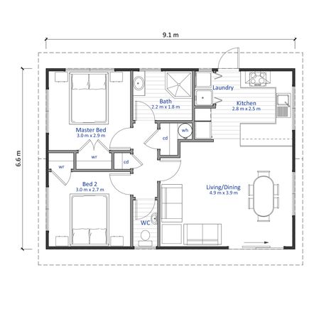 Granny Flat House Plan 2 Bedroom 60m2 | Latitude Homes 2 Bedroom Granny Flat, Granny Flat Designs Australia, Granny Flat Plans 2 Bedroom, Small Modular Homes, Granny Flat Plans, 2 Bedroom Floor Plans, Flat Plan, Granny House, Guest House Plans