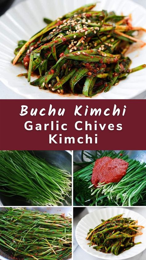 Asian Chives Recipe, Korean Chives Recipe, Chives Kimchi Recipe, Garlic Chive Recipes, Types Of Kimchi, Chinese Chives Recipe, Chinese Kimchi, Garlic Chives Recipes, Chives Recipes