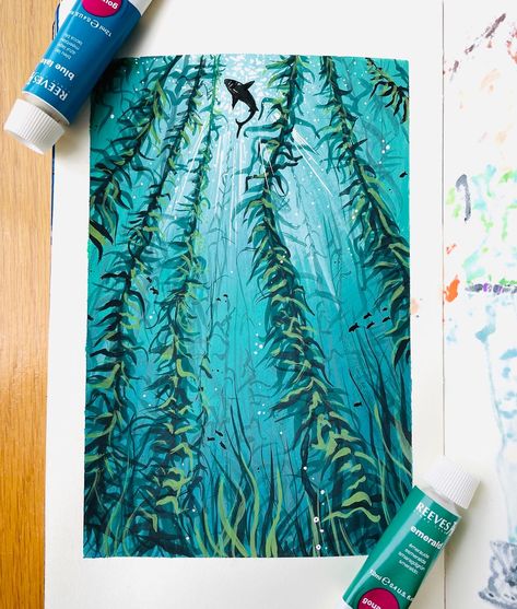 Ocean Bottom Painting, Bottom Of The Ocean Painting, Gouache Sea Painting, Ocean Guache, Gouache Underwater, Watercolor And Gouache Painting, Gouache Painting Ocean, How To Gouache Paint, Gouache Water Painting