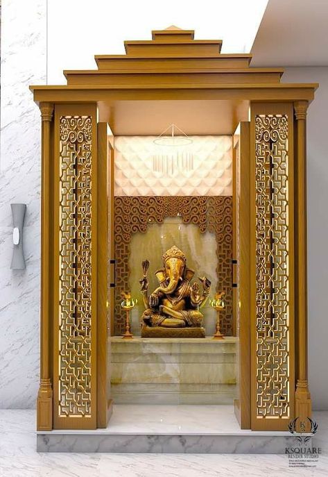 Indian Pooja room design Pooja Room Design Ideas, Partition Between Living And Dining, Modern Pooja Room, Pooja Room Ideas Indian, Room Divider Living Room, Dividing Rooms, Wooden Divider, Wooden Partition, Divider Room