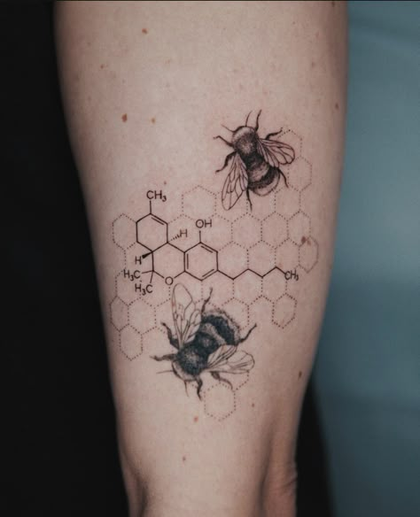 Bee Arm Sleeve Tattoo, Honeycomb Chemistry Tattoo, Bumblebee Honeycomb Tattoo, Honeycomb Serotonin Tattoo, Honeycomb Half Sleeve Tattoo, Bumble Bee Honeycomb Tattoo, Homey Comb Tattoo Design, Fine Line Honeycomb Tattoo, Honey Comb And Bees Tattoo