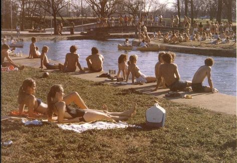 A snap shot from 1980 something of TXST students sun bathing by Sewell Park. University Aesthetic, Texas State University, Texas State, College Graduation, College Life, State University, Dolores Park, University, Texas