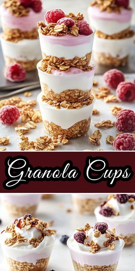 These Granola Cups are a fun and healthy way to enjoy breakfast or a snack 🍓! Filled with yogurt and topped with fresh fruit, they’re quick to make and perfect for kids and adults alike. #GranolaCups #HealthySnacks #BreakfastRecipes #YogurtLovers #QuickMeals #EasyRecipes Granola Cups With Yogurt, Breakfast Granola Cups, Breakfast Parfait Recipes, High Protein Granola, Granola Cups, Yogurt And Fruit, Easy Homemade Granola, Healthy Homemade Snacks, Protein Granola