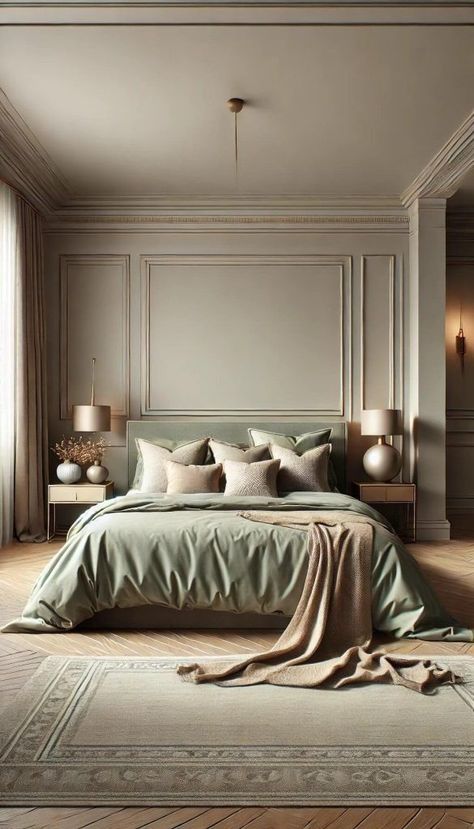 Sage Green Luxury Bedroom, Sage Green Room Inspiration, Sage Green Bedroom Wardrobe, Modern Classic Interior Bedroom, Parents Room Design, Sage Green Bed, New Classic Bedroom, Sage Green Bedding, Elegant Bedroom Ideas