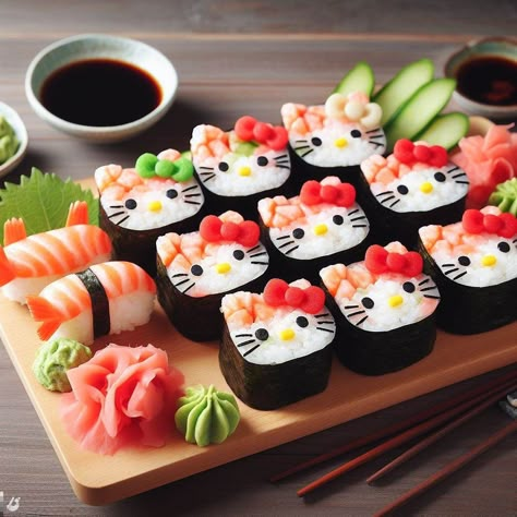 Hello Kitty Sushi, Hello Kitty Food, Sanrio Food, Kawaii Cooking, Cute Snacks, Easy Food Art, Hello Kitty Stuff, Kitty Stuff, Sweet Snacks Recipes