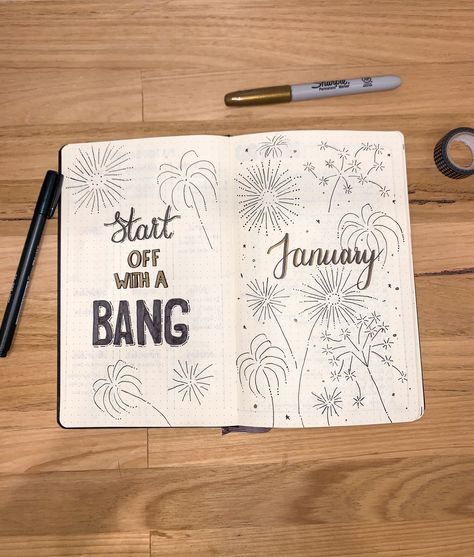 Firework Bullet Journal, Habit Book, January Journal, Bullet Journal August, Bullet Journal Headers, January Bullet Journal, Bullet Journal Ideas Templates, Creating A Bullet Journal, Bullet Journal Mood Tracker Ideas