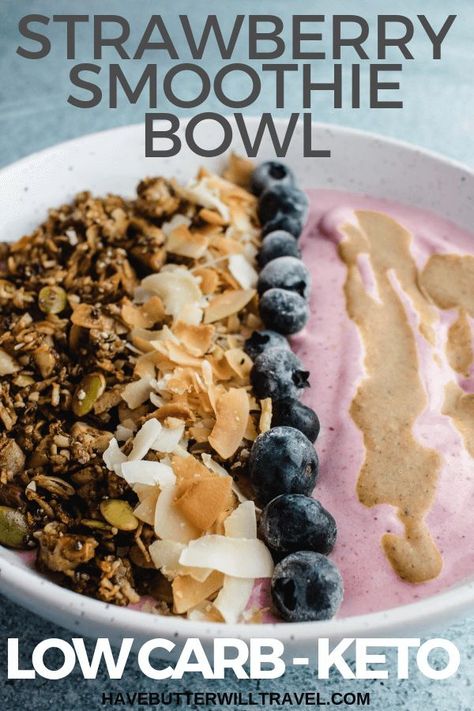 This keto smoothie bowl is perfect for an egg free low carb breakfast. The strawberries and the protein powder is all the sweetness you need. #keto #ketosmoothiebowl #lowcarb #lowcarbsmoothiebowl Keto Smoothie Bowl, Strawberry Smoothie Bowl, Keto Smoothie, Keto Diet Snacks, Keto Diet Breakfast, Starting Keto Diet, Low Carb Vegetables, Keto Diet Food List, What Is