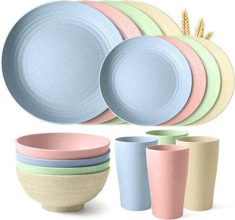 PACKAGE INCLUDE: This wheat straw dinnerware sets include 16 pieces in total. Bright color bring you a fresh look and make it easy to match your existing flatware.
MATERIAL: Made of natural wheat straw and food grade PP material. Safe and healthy for everyone to use. Provides a healthy and sustainable alternative to foam or plastic products. Camping Dishes, Plastic Dinnerware Sets, Bbq Wedding, Plates And Bowls Set, Camping Set, Kitchen Cutlery, Unique Clocks, Wheat Straw, Dinners For Kids