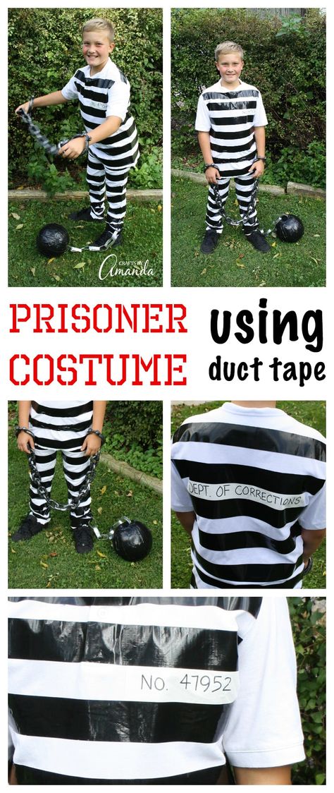 Use duct tape and regular white clothes to make this super simple prisoner costume. Afterwards, remove the duck tape and you're no longer a prisoner! Diy Prisoner Costume Women, Diy Prisoner Costume, Softball Costumes, Duct Tape Costumes, Prisoner Halloween Costume, Free Halloween Costumes, Halloween Softball, Inmate Costume, Robber Costume