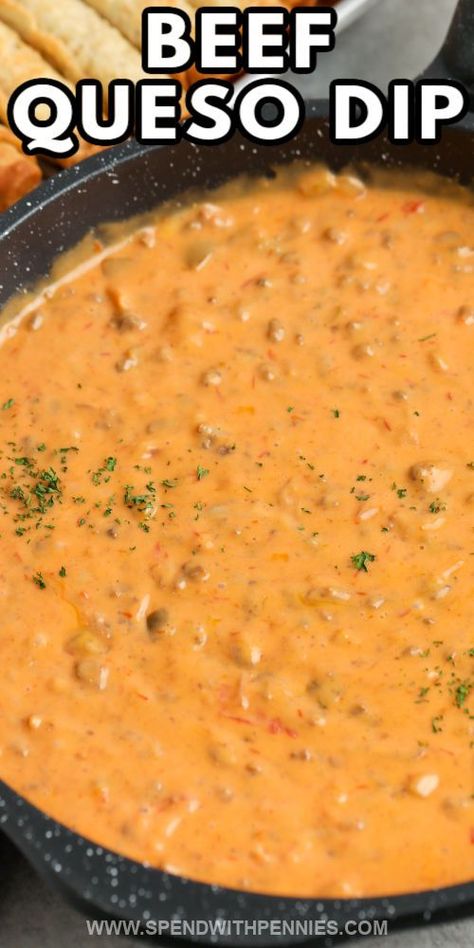 Beef Queso Dip is a must-have recipe for any game day party or potluck. Serve it up with taquitos for dipping, or go for simple tortilla chips. Use queso dip to top a taco or burrito. The options are endless. Any way that it's served, beef queso dip is always a cheesy favorite. #beefquesodip #easy #velveeta #spendwithpennies Caso Dip Recipe, Mexican Queso Recipe, Queso Dip With Ground Beef, Caso Dip, Ground Beef Queso Dip, Hamburger Cheese Dips, Beef Queso Dip, Hot Taco Dip, Spend With Pennies Recipes