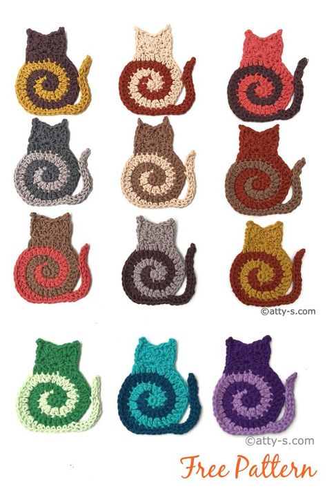 Swirly Cat Free Crochet Pattern Crochet Cat Applique, Cat Free Crochet Pattern, Kat Haken, Crochet Unique, Cat Applique, Confection Au Crochet, Crochet Chicken, Crochet Cat Pattern, Cat Coasters