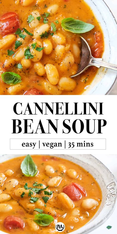 This creamy cannellini bean soup in a thick tomato broth is savory, herby, a little spicy, and beyond delicious. The perfect feel-good meal.  #beansoups #vegansouprecipes #cannellinibeanrecipes Cannalenni Bean Recipes, Tomato Bean Soup, Cannellini Bean Soup, Cannellini Beans Soup, Cannellini Beans Recipes, Cannellini Bean, Tomato Broth, Bean Soup Recipes, Vegan Soup Recipes