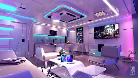 Futuristic Rooms, Futuristic Apartment, Cyberpunk Interior, Futuristic Bedroom, Spaceship Interior, Fantasy Rooms, Home Decor Ideas Living Room, Futuristic Interior, Gaming Room Setup