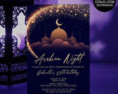 Arabian Nights Invitation Arabian Nights Sweet 16, Arabian Nights Invitation, Sweet 16 Birthday Invitations, 16 Birthday Invitations, Arabian City, Arabian Nights Prom, Arabian Nights Theme Party, Aladdin Theme, Arabian Party