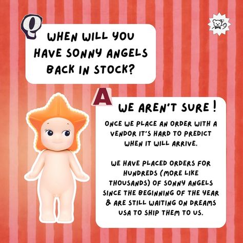 We’ve been getting more requests for Sonny Angels these past few weeks & while we don’t have any angels in stock at the moment, we do have some answers to a couple frequently asked questions! We have also decided to start an email list so that we can personally notify Sonny Angel collectors as soon as we receive shipments. The link to sign up for that list is in our bio! #sonnyangel #sonnyangelcollection #sonnyangels #smallbusiness @dreams_usa_ @sonnyangel.usa we are crossing our finger... Sonny Angels, Sonny Angel, Still Waiting, Email List, Toy Store, To Start, Sign Up, Small Business, Angel