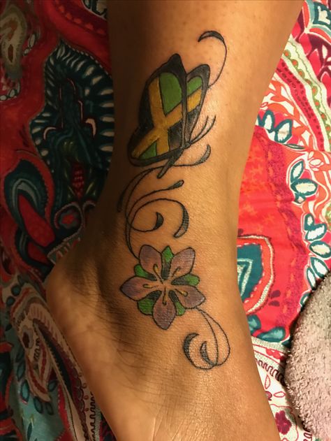 Jamaica Tattoo Ideas Design, Jamaica Flower Tattoo, Out Of Many One People Jamaica Tattoo, Jamaican Tattoo Ideas For Men, Jamaica Inspired Tattoos, Jamaican Flag Tattoo Ideas, Jamaican Tattoos For Women, Jamaica Map Tattoo, Jamaican Tattoos