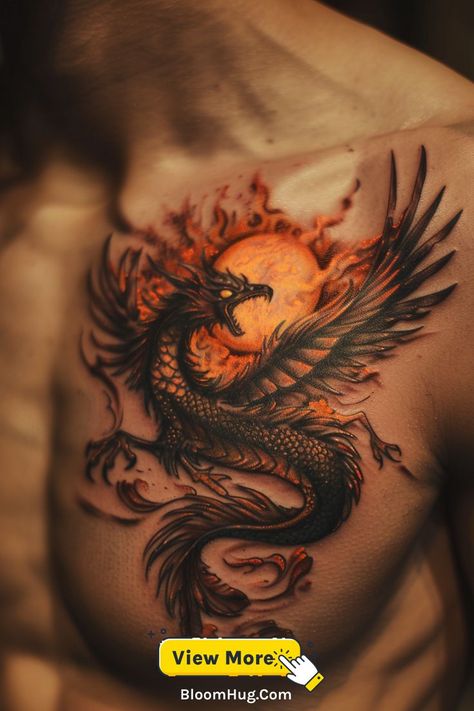 This vibrant chest tattoo features a phoenix rising toward a radiant sun, surrounded by fiery orange flames. The intricate details in the wings and feathers symbolize new beginnings and a triumphant return from hardship. Overcoming Tattoo Ideas, Overcome Tattoo, Dragon And Phoenix Tattoo, Tattoo For Men Ideas, Phoenix Tattoo Men, Men Embracing, Phoenix Tattoo For Men, Black Dragon Tattoo, Phoenix Tattoos