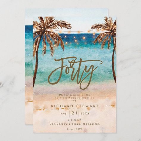 tropical beach summer 40th birthday party invitation Tropical Bridal Shower Invitations, Summer Birthday Invitations, Modern Bridal Shower Invitations, 60th Birthday Party Invitations, 30th Birthday Party Invitations, 40th Birthday Party Invites, 50th Birthday Party Invitations, Modern Baby Shower Invitations, Beach Birthday Party